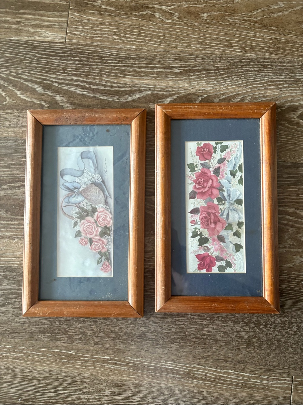 Pair of Floral Bookmark Art Prints in Wooden Frames